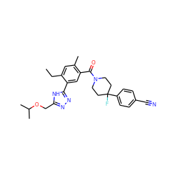 CCc1cc(C)c(C(=O)N2CCC(F)(c3ccc(C#N)cc3)CC2)cc1-c1nnc(COC(C)C)[nH]1 ZINC000150225647