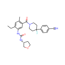 CCc1cc(C)c(C(=O)N2CCC(F)(c3ccc(C#N)cc3)CC2)cc1NC(=O)N[C@@H]1CCOC1 ZINC000098185465