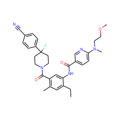 CCc1cc(C)c(C(=O)N2CCC(F)(c3ccc(C#N)cc3)CC2)cc1NC(=O)c1ccc(N(C)CCOC)nc1 ZINC000150049222