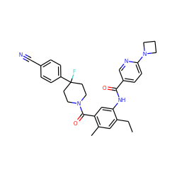 CCc1cc(C)c(C(=O)N2CCC(F)(c3ccc(C#N)cc3)CC2)cc1NC(=O)c1ccc(N2CCC2)nc1 ZINC000143587056