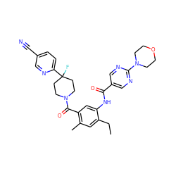 CCc1cc(C)c(C(=O)N2CCC(F)(c3ccc(C#N)cn3)CC2)cc1NC(=O)c1cnc(N2CCOCC2)nc1 ZINC000150321360