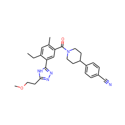 CCc1cc(C)c(C(=O)N2CCC(c3ccc(C#N)cc3)CC2)cc1-c1nnc(CCOC)[nH]1 ZINC000150282626