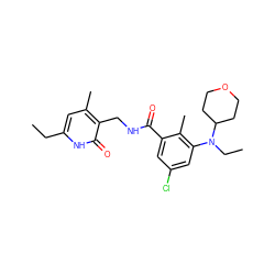 CCc1cc(C)c(CNC(=O)c2cc(Cl)cc(N(CC)C3CCOCC3)c2C)c(=O)[nH]1 ZINC000207624135