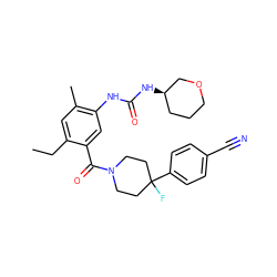 CCc1cc(C)c(NC(=O)N[C@@H]2CCCOC2)cc1C(=O)N1CCC(F)(c2ccc(C#N)cc2)CC1 ZINC000150155171