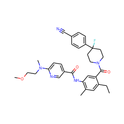 CCc1cc(C)c(NC(=O)c2ccc(N(C)CCOC)nc2)cc1C(=O)N1CCC(F)(c2ccc(C#N)cc2)CC1 ZINC000149338231