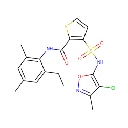 CCc1cc(C)cc(C)c1NC(=O)c1sccc1S(=O)(=O)Nc1onc(C)c1Cl ZINC000013862562