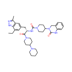 CCc1cc(C[C@H](NC(=O)N2CCC(N3Cc4ccccc4NC3=O)CC2)C(=O)N2CCC(N3CCCCC3)CC2)cc2c(C)n[nH]c12 ZINC000095591009