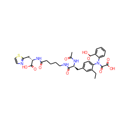 CCc1cc(C[C@H](NC(C)=O)C(=O)NCCCCC(=O)N[C@@H](Cc2nccs2)C(=O)O)ccc1N(C(=O)C(=O)O)c1ccccc1C(=O)O ZINC000049605615