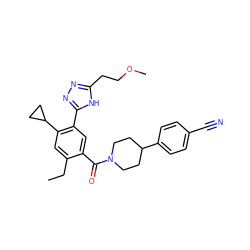 CCc1cc(C2CC2)c(-c2nnc(CCOC)[nH]2)cc1C(=O)N1CCC(c2ccc(C#N)cc2)CC1 ZINC000150203362