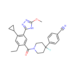 CCc1cc(C2CC2)c(-c2nnc(OC)[nH]2)cc1C(=O)N1CCC(F)(c2ccc(C#N)cc2)CC1 ZINC000150254374