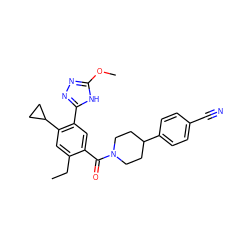 CCc1cc(C2CC2)c(-c2nnc(OC)[nH]2)cc1C(=O)N1CCC(c2ccc(C#N)cc2)CC1 ZINC000150164459