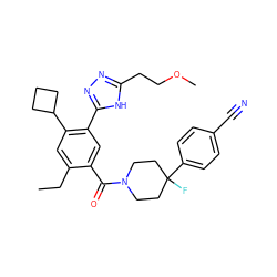 CCc1cc(C2CCC2)c(-c2nnc(CCOC)[nH]2)cc1C(=O)N1CCC(F)(c2ccc(C#N)cc2)CC1 ZINC000150173259