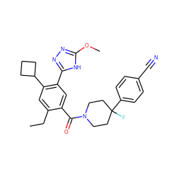 CCc1cc(C2CCC2)c(-c2nnc(OC)[nH]2)cc1C(=O)N1CCC(F)(c2ccc(C#N)cc2)CC1 ZINC000149984873