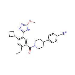 CCc1cc(C2CCC2)c(-c2nnc(OC)[nH]2)cc1C(=O)N1CCC(c2ccc(C#N)cc2)CC1 ZINC000150259845