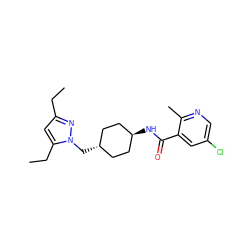 CCc1cc(CC)n(C[C@H]2CC[C@H](NC(=O)c3cc(Cl)cnc3C)CC2)n1 ZINC000261188310