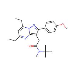 CCc1cc(CC)n2nc(-c3ccc(OC)cc3)c(CC(=O)N(C)C(C)(C)C)c2n1 ZINC000653897399