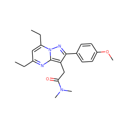 CCc1cc(CC)n2nc(-c3ccc(OC)cc3)c(CC(=O)N(C)C)c2n1 ZINC000653894774