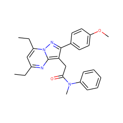 CCc1cc(CC)n2nc(-c3ccc(OC)cc3)c(CC(=O)N(C)c3ccccc3)c2n1 ZINC000653901685