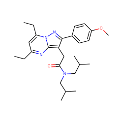 CCc1cc(CC)n2nc(-c3ccc(OC)cc3)c(CC(=O)N(CC(C)C)CC(C)C)c2n1 ZINC000653897434