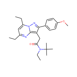 CCc1cc(CC)n2nc(-c3ccc(OC)cc3)c(CC(=O)N(CC)C(C)(C)C)c2n1 ZINC000653897425