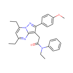 CCc1cc(CC)n2nc(-c3ccc(OC)cc3)c(CC(=O)N(CC)c3ccccc3)c2n1 ZINC000653861121