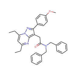 CCc1cc(CC)n2nc(-c3ccc(OC)cc3)c(CC(=O)N(Cc3ccccc3)Cc3ccccc3)c2n1 ZINC000653861198