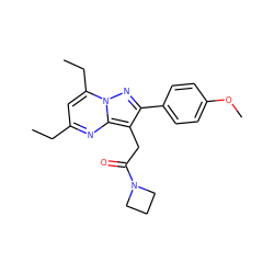 CCc1cc(CC)n2nc(-c3ccc(OC)cc3)c(CC(=O)N3CCC3)c2n1 ZINC000653861183