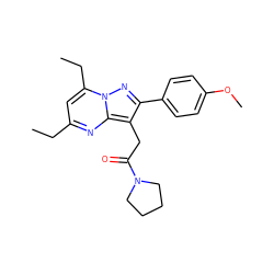 CCc1cc(CC)n2nc(-c3ccc(OC)cc3)c(CC(=O)N3CCCC3)c2n1 ZINC000653861077