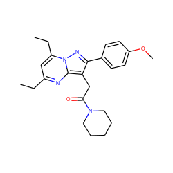 CCc1cc(CC)n2nc(-c3ccc(OC)cc3)c(CC(=O)N3CCCCC3)c2n1 ZINC000653861170