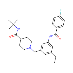 CCc1cc(CN2CCC(C(=O)NC(C)(C)C)CC2)cc(NC(=O)c2ccc(F)cc2)c1 ZINC001772630493