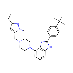 CCc1cc(CN2CCN(c3cccc4[nH]c(-c5ccc(C(C)(C)C)cc5)nc34)CC2)n(C)n1 ZINC000040954944