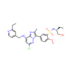 CCc1cc(CNc2cc(Cl)nn3c(-c4ccc(OC)c(S(=O)(=O)N[C@@H](CC)CO)c4)c(C)nc23)ccn1 ZINC001772653338