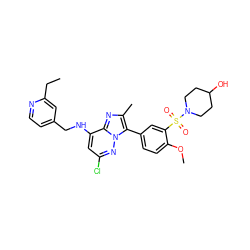 CCc1cc(CNc2cc(Cl)nn3c(-c4ccc(OC)c(S(=O)(=O)N5CCC(O)CC5)c4)c(C)nc23)ccn1 ZINC001772611163