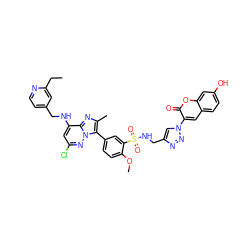 CCc1cc(CNc2cc(Cl)nn3c(-c4ccc(OC)c(S(=O)(=O)NCc5cn(-c6cc7ccc(O)cc7oc6=O)nn5)c4)c(C)nc23)ccn1 ZINC001772649930