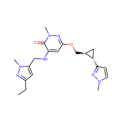 CCc1cc(CNc2cc(OC[C@H]3C[C@@H]3c3ccn(C)n3)nn(C)c2=O)n(C)n1 ZINC001772583546