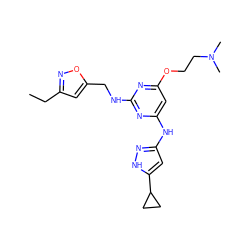 CCc1cc(CNc2nc(Nc3cc(C4CC4)[nH]n3)cc(OCCN(C)C)n2)on1 ZINC000166239565