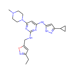 CCc1cc(CNc2nc(Nc3cc(C4CC4)n[nH]3)cc(N3CCN(C)CC3)n2)on1 ZINC000169118740