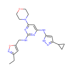 CCc1cc(CNc2nc(Nc3cc(C4CC4)n[nH]3)cc(N3CCOCC3)n2)on1 ZINC000140999329