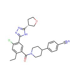 CCc1cc(Cl)c(-c2nnc([C@@H]3CCOC3)[nH]2)cc1C(=O)N1CCC(c2ccc(C#N)cc2)CC1 ZINC000149960848