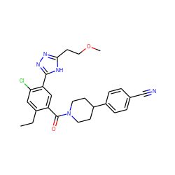 CCc1cc(Cl)c(-c2nnc(CCOC)[nH]2)cc1C(=O)N1CCC(c2ccc(C#N)cc2)CC1 ZINC000150226479