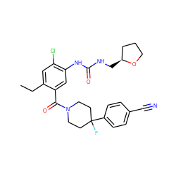 CCc1cc(Cl)c(NC(=O)NC[C@H]2CCCO2)cc1C(=O)N1CCC(F)(c2ccc(C#N)cc2)CC1 ZINC000150188415