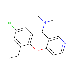 CCc1cc(Cl)ccc1Oc1ccncc1CN(C)C ZINC000029046368