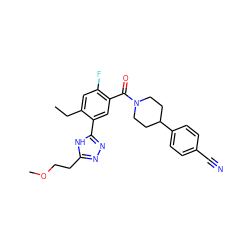 CCc1cc(F)c(C(=O)N2CCC(c3ccc(C#N)cc3)CC2)cc1-c1nnc(CCOC)[nH]1 ZINC000150227564