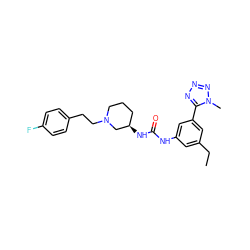 CCc1cc(NC(=O)N[C@@H]2CCCN(CCc3ccc(F)cc3)C2)cc(-c2nnnn2C)c1 ZINC000028128822