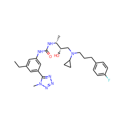 CCc1cc(NC(=O)N[C@H](C)[C@@H](O)CN(CCCc2ccc(F)cc2)C2CC2)cc(-c2nnnn2C)c1 ZINC000029039071