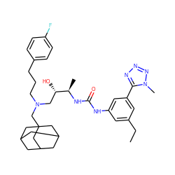 CCc1cc(NC(=O)N[C@H](C)[C@@H](O)CN(CCCc2ccc(F)cc2)CC23CC4CC(CC(C4)C2)C3)cc(-c2nnnn2C)c1 ZINC000029039087