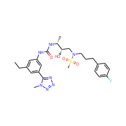 CCc1cc(NC(=O)N[C@H](C)[C@@H](O)CN(CCCc2ccc(F)cc2)S(C)(=O)=O)cc(-c2nnnn2C)c1 ZINC000029039107