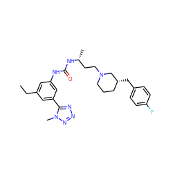 CCc1cc(NC(=O)N[C@H](C)CCN2CCC[C@@H](Cc3ccc(F)cc3)C2)cc(-c2nnnn2C)c1 ZINC000029129200