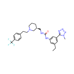 CCc1cc(NC(=O)NC[C@@H]2CCCN(CCc3ccc(C(F)(F)F)cc3)C2)cc(-c2nnnn2C)c1 ZINC000028342596