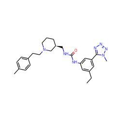 CCc1cc(NC(=O)NC[C@@H]2CCCN(CCc3ccc(C)cc3)C2)cc(-c2nnnn2C)c1 ZINC000028341491